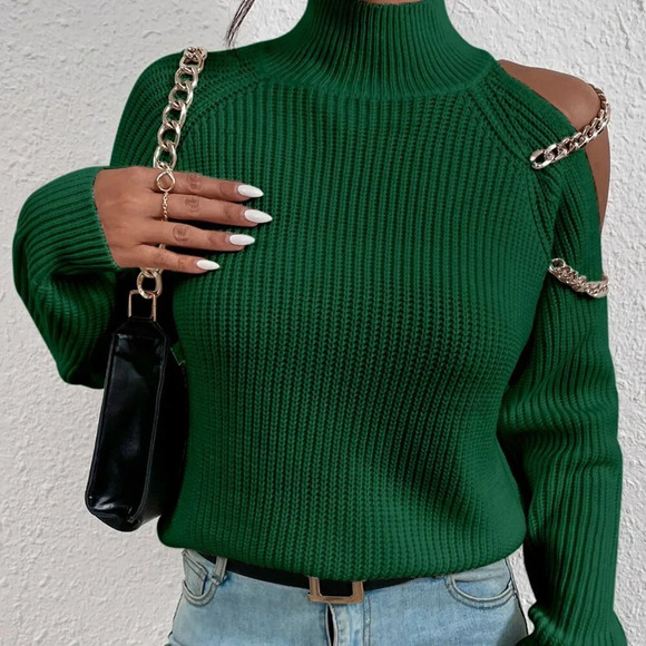 Green Casual Women's Mock Neck long Sleeve Chain Cut Out Sweater - Picture 4 of 6